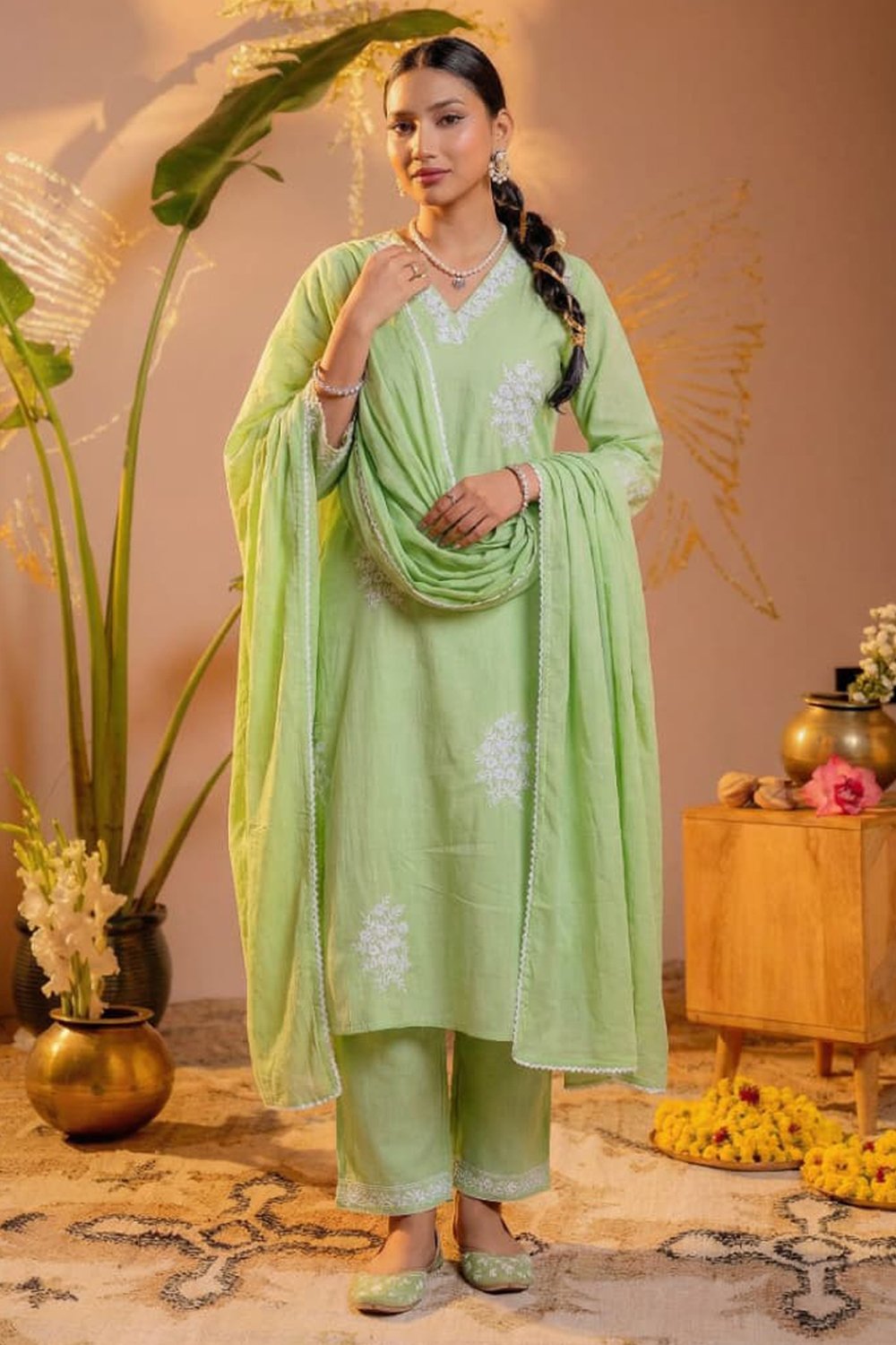 Pure Cotton Embroidery Work Kurta Pant Dupatta Set