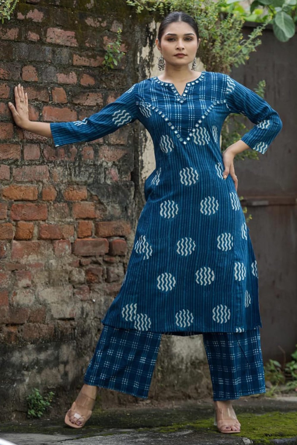 Pure Indigo Cotton Original Mirror Work Kurta Pant Set