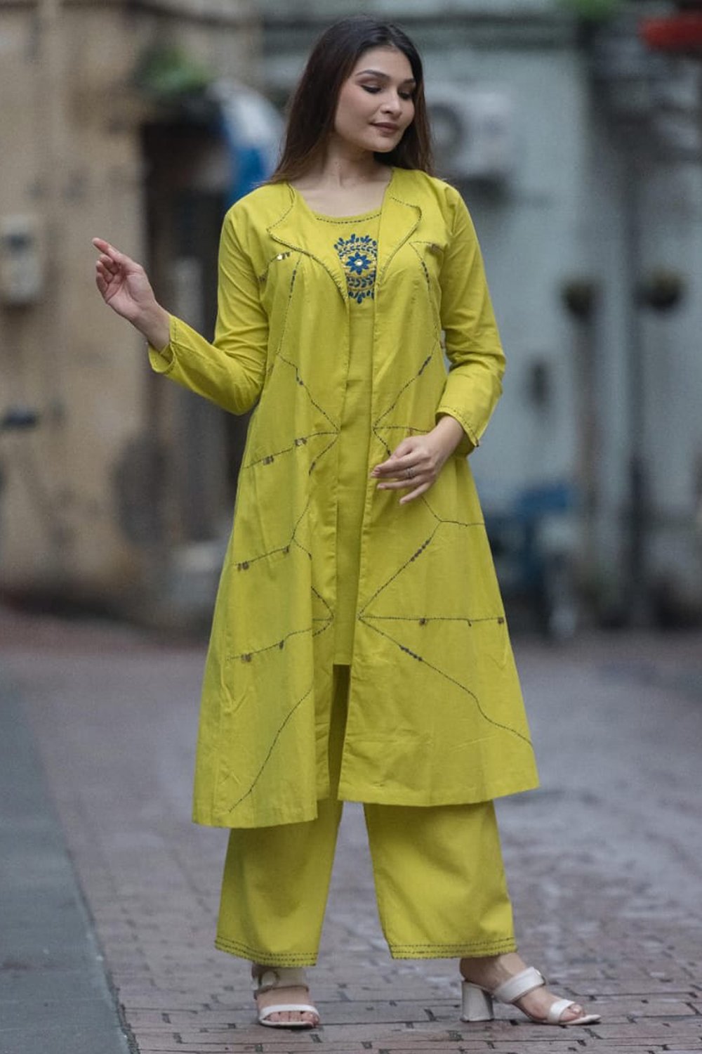 Pure Mul Cotton Katha Work Jacket Kurta Pant Set