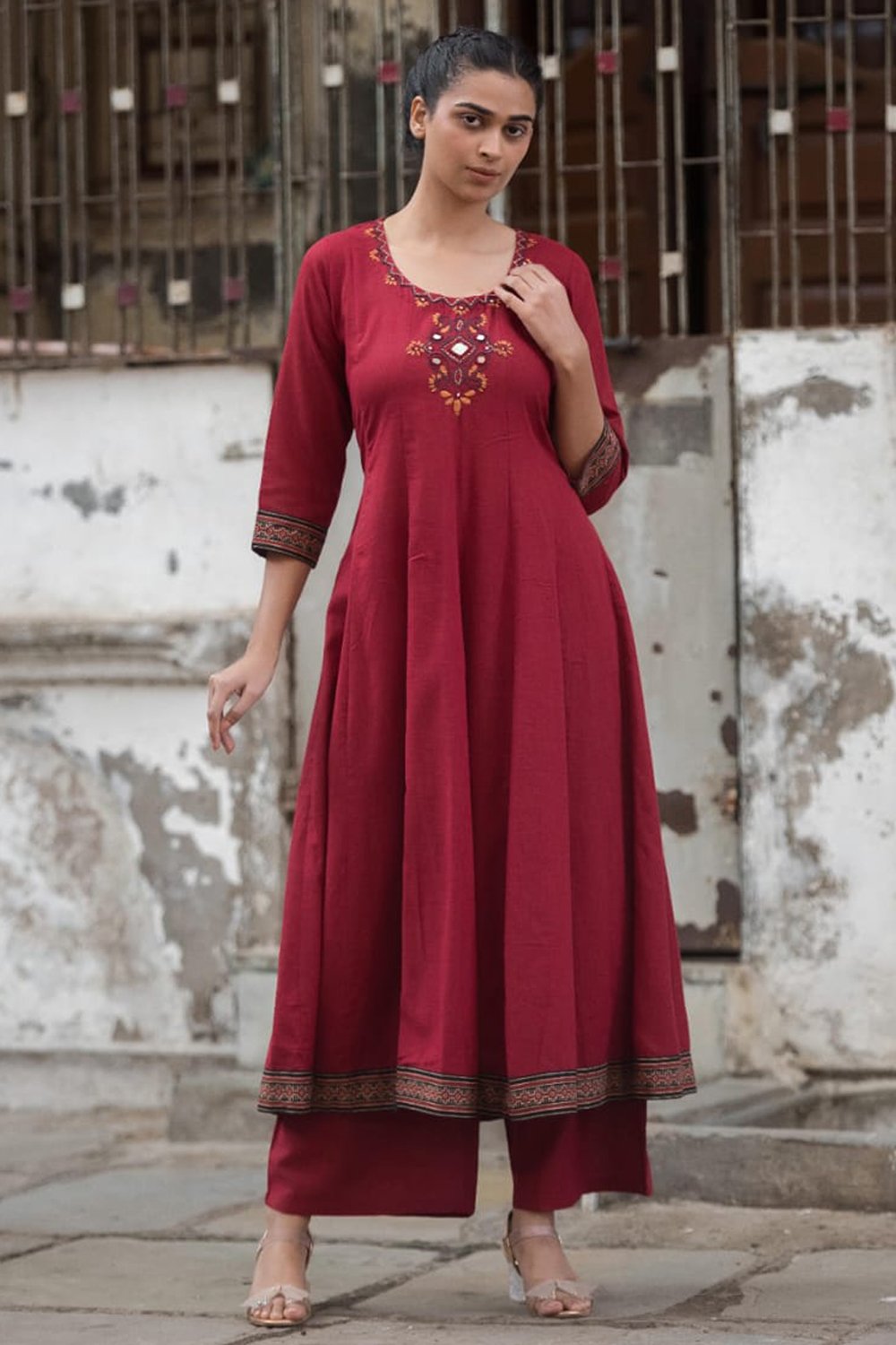 Women's Pure Cotton Katha Work Anarkali Pant Set