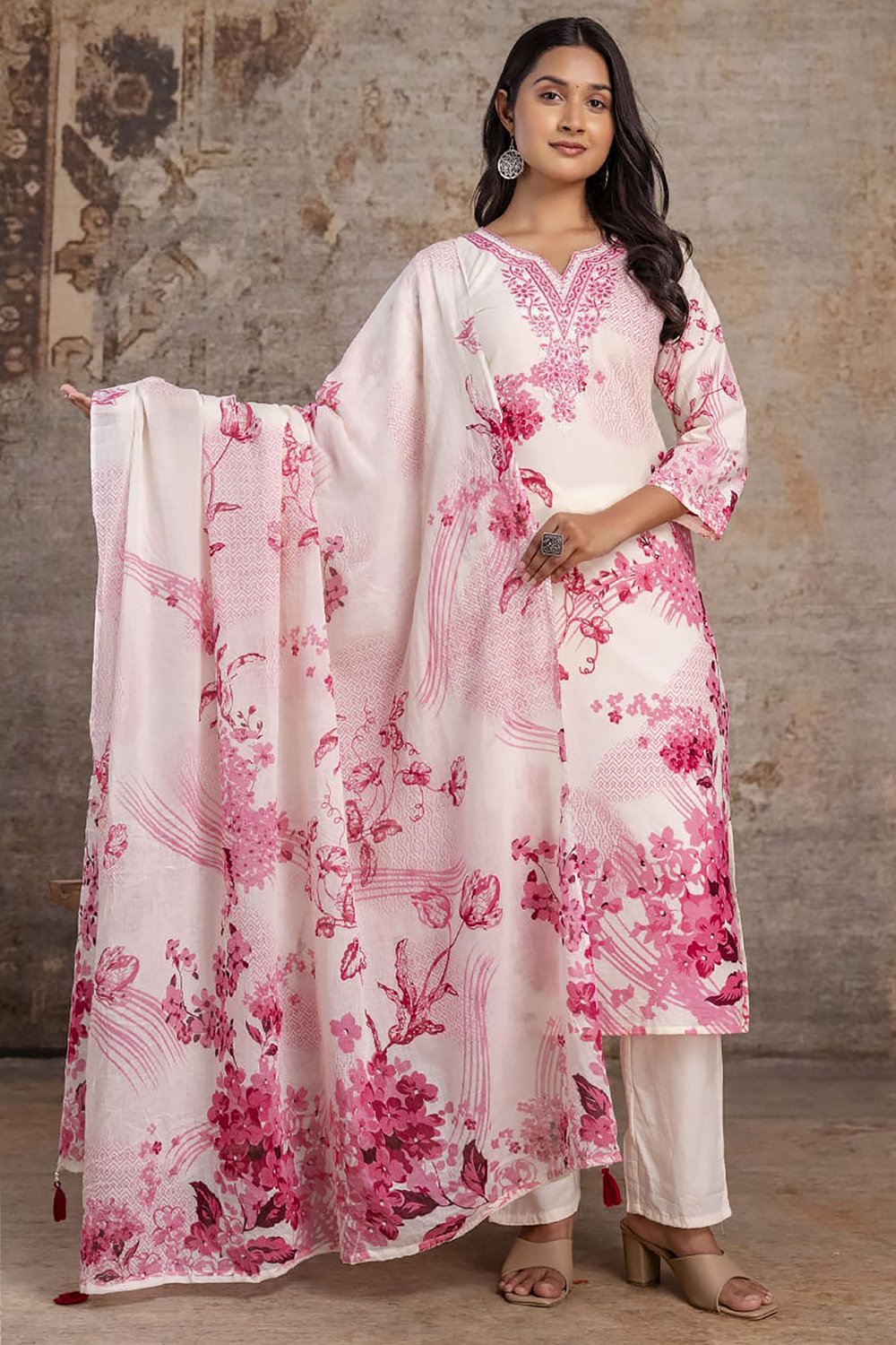 Cotton Floral Print Dress with Neck Embroidery – White & Pink