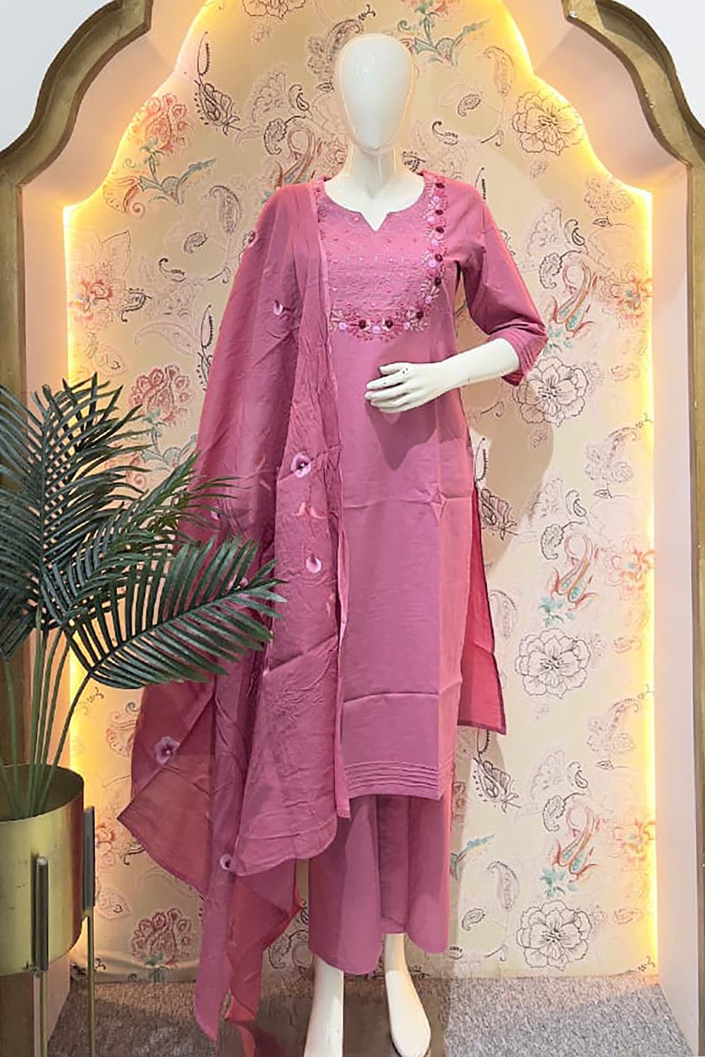 Cotton Embroidery Dress with Hand-Painted Dupatta