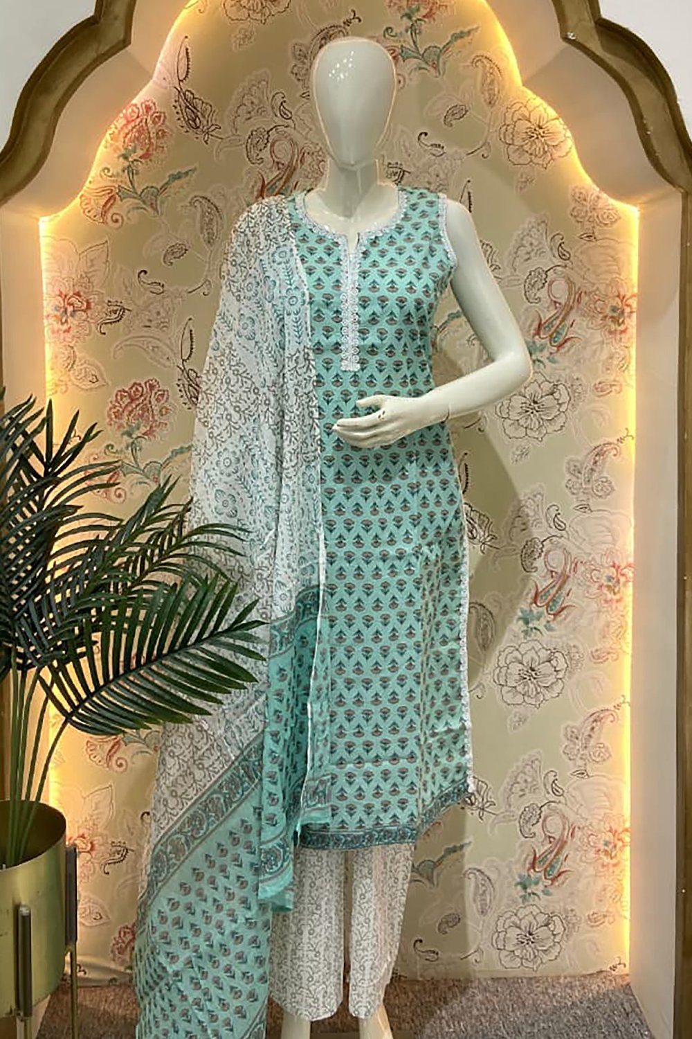 Cotton Sleeveless Printed Dress with Lace Work